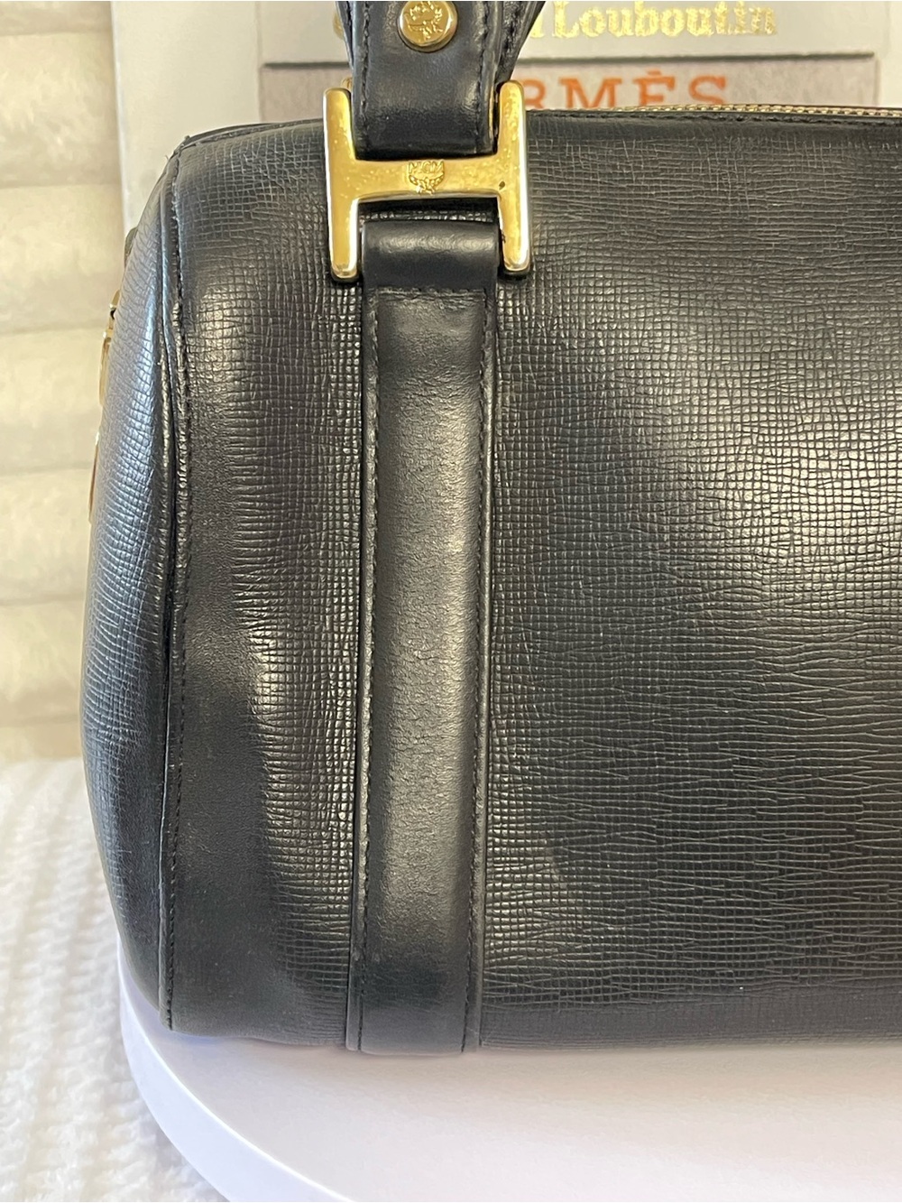 MCM Black Leather Boston Satchel with Gold Hardware EUC - Picture 5 of 11